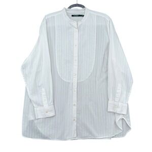Lauren Ralph Lauren White Striped Cotton Band Collar Bib Shirt Plus 3X